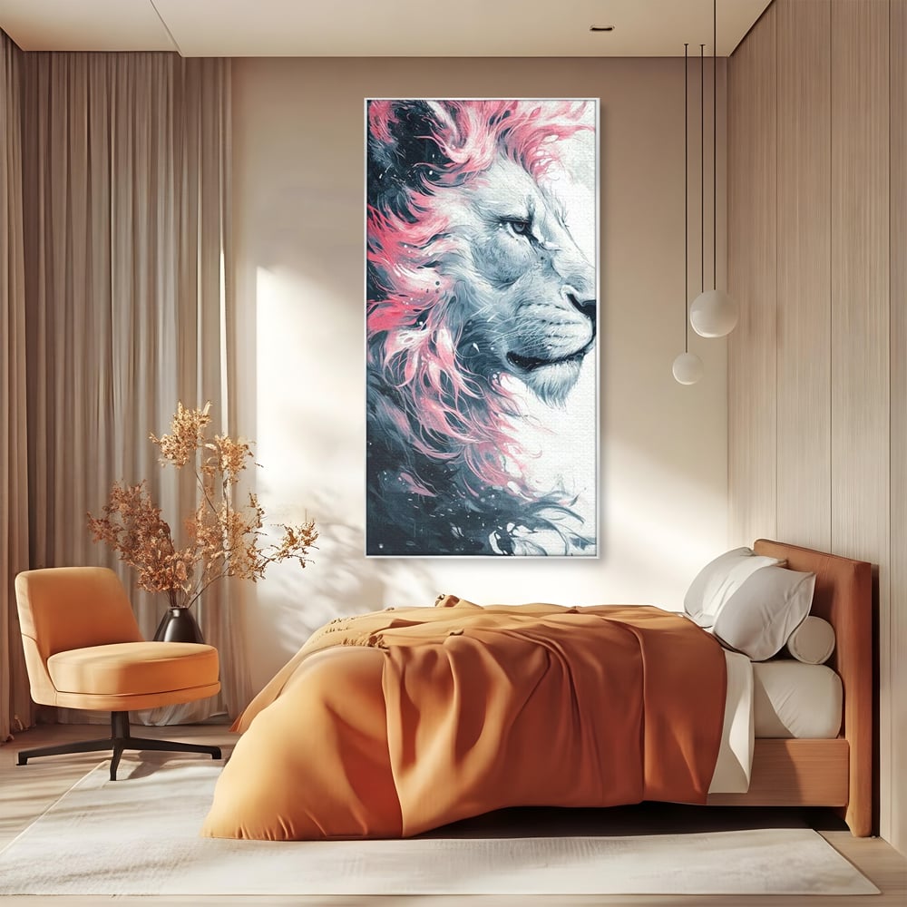 Leinwand Premium Canvas Wandkunst, LuxCanva® M1381, Royal Twilight, Rosa, Anmutig, Profil, Löwe, Portrait, Abstrakt, Mythisch, Mythisch, Sidef, Traum, Majestätisch, Büro, Wohnen, Kinderzimmer