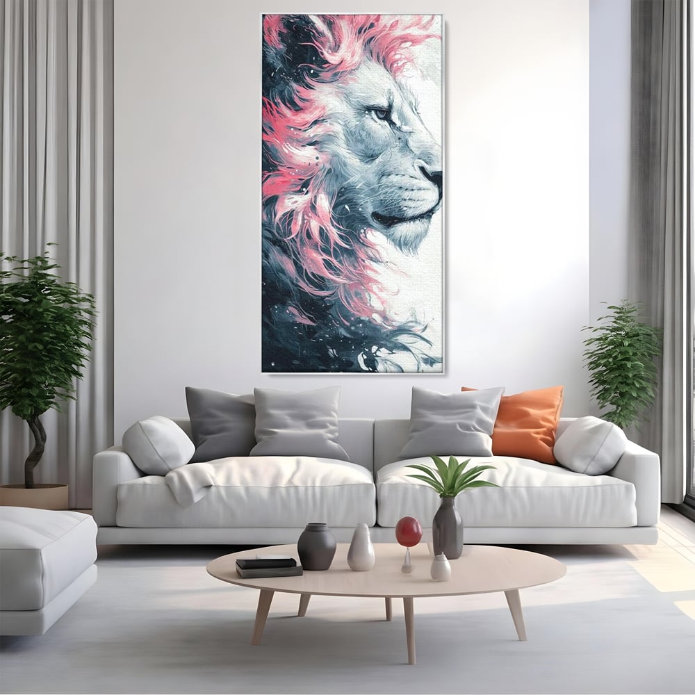 Leinwand Premium Canvas Wandkunst, LuxCanva® M1381, Royal Twilight, Rosa, Anmutig, Profil, Löwe, Portrait, Abstrakt, Mythisch, Mythisch, Sidef, Traum, Majestätisch, Büro, Wohnen, Kinderzimmer