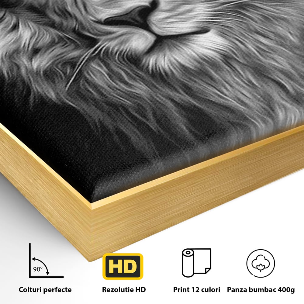 Tablou Canvas Premium, LuxCanva® M1382, Regele Intunericului, Leu, Animale, Salbatic, Portret, Chip, Monocrom, Alb si Negru, Mister, Abstract, Birou, Living, Camera Copil
