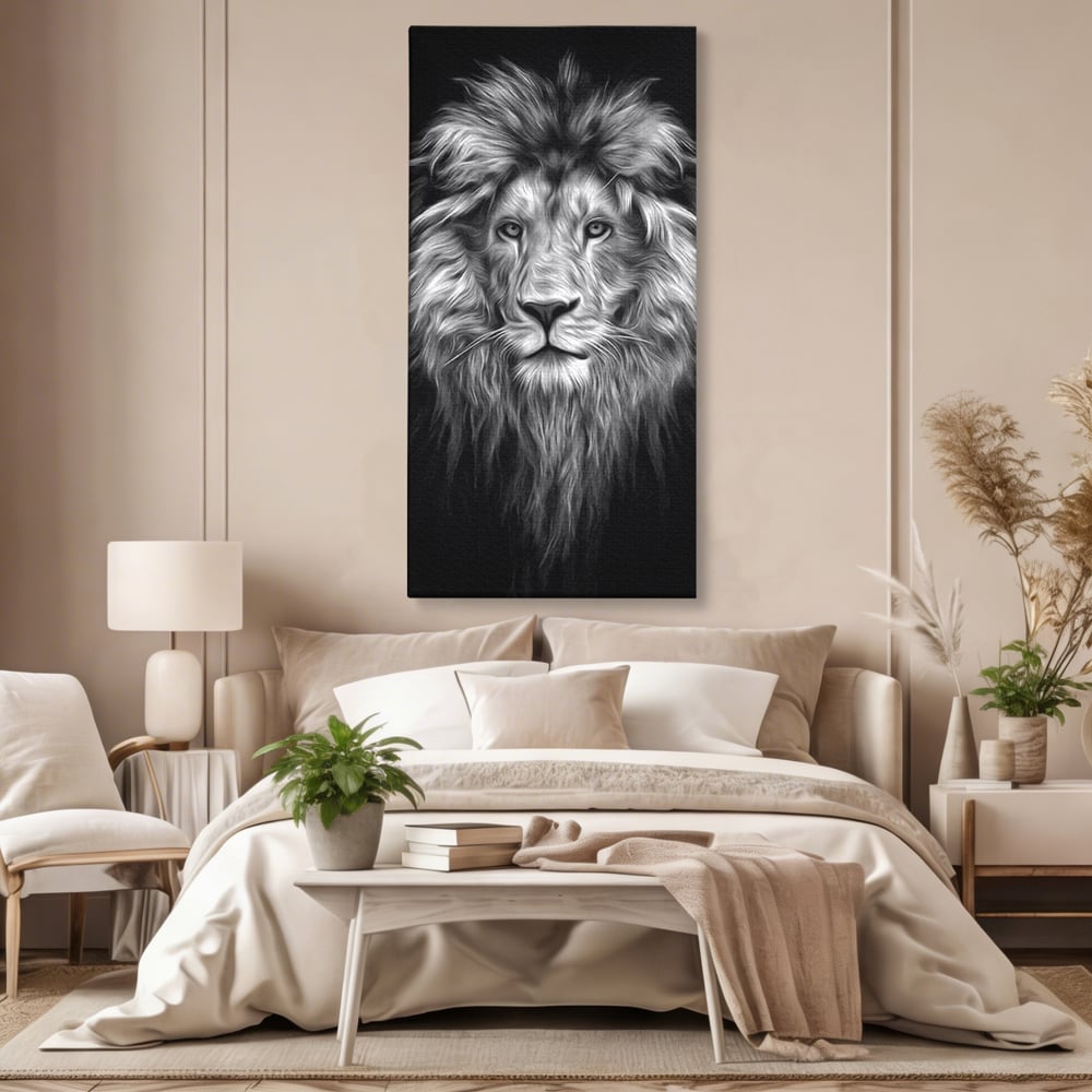 Tablou Canvas Premium, LuxCanva® M1382, Regele Intunericului, Leu, Animale, Salbatic, Portret, Chip, Monocrom, Alb si Negru, Mister, Abstract, Birou, Living, Camera Copil