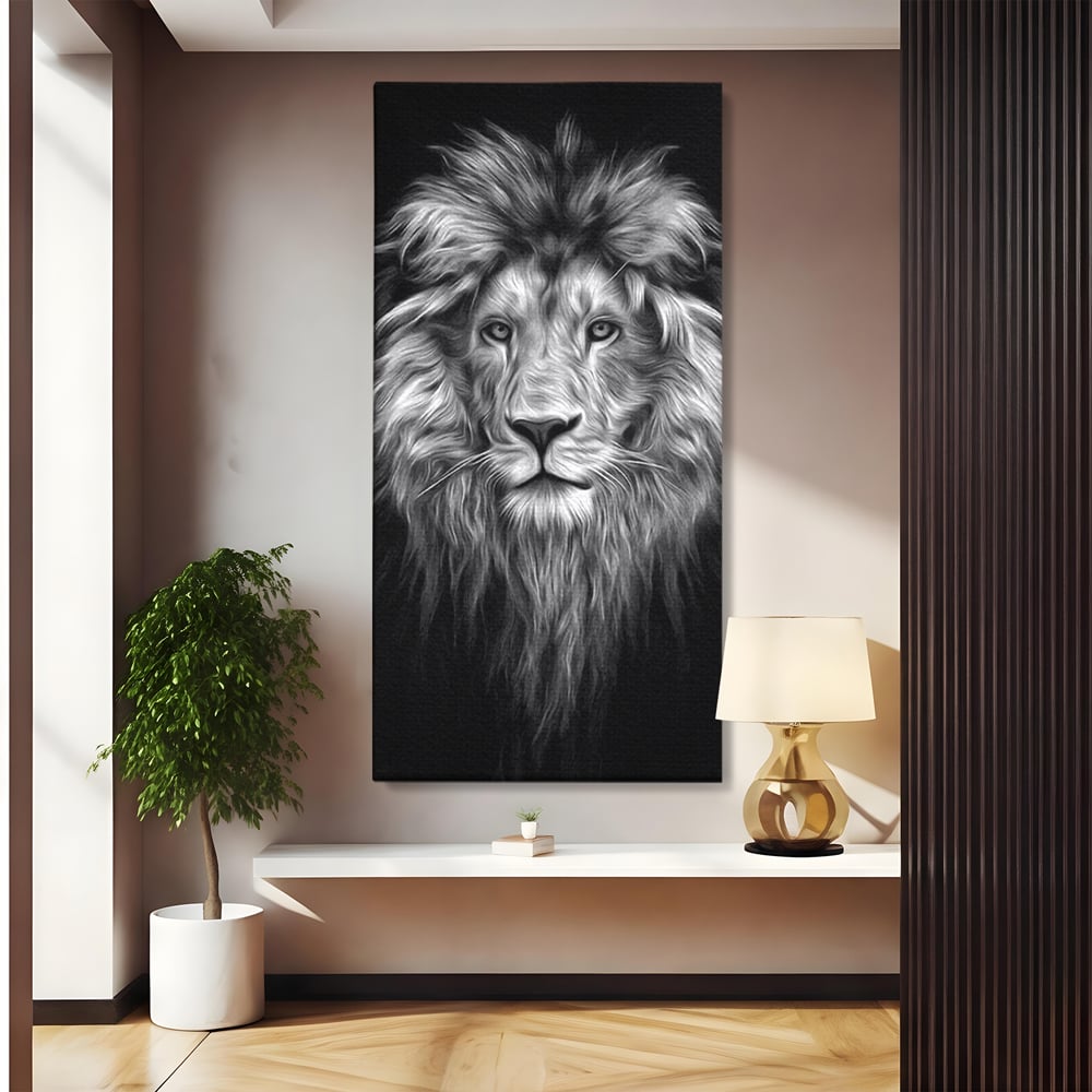 Tablou Canvas Premium, LuxCanva® M1382, Regele Intunericului, Leu, Animale, Salbatic, Portret, Chip, Monocrom, Alb si Negru, Mister, Abstract, Birou, Living, Camera Copil