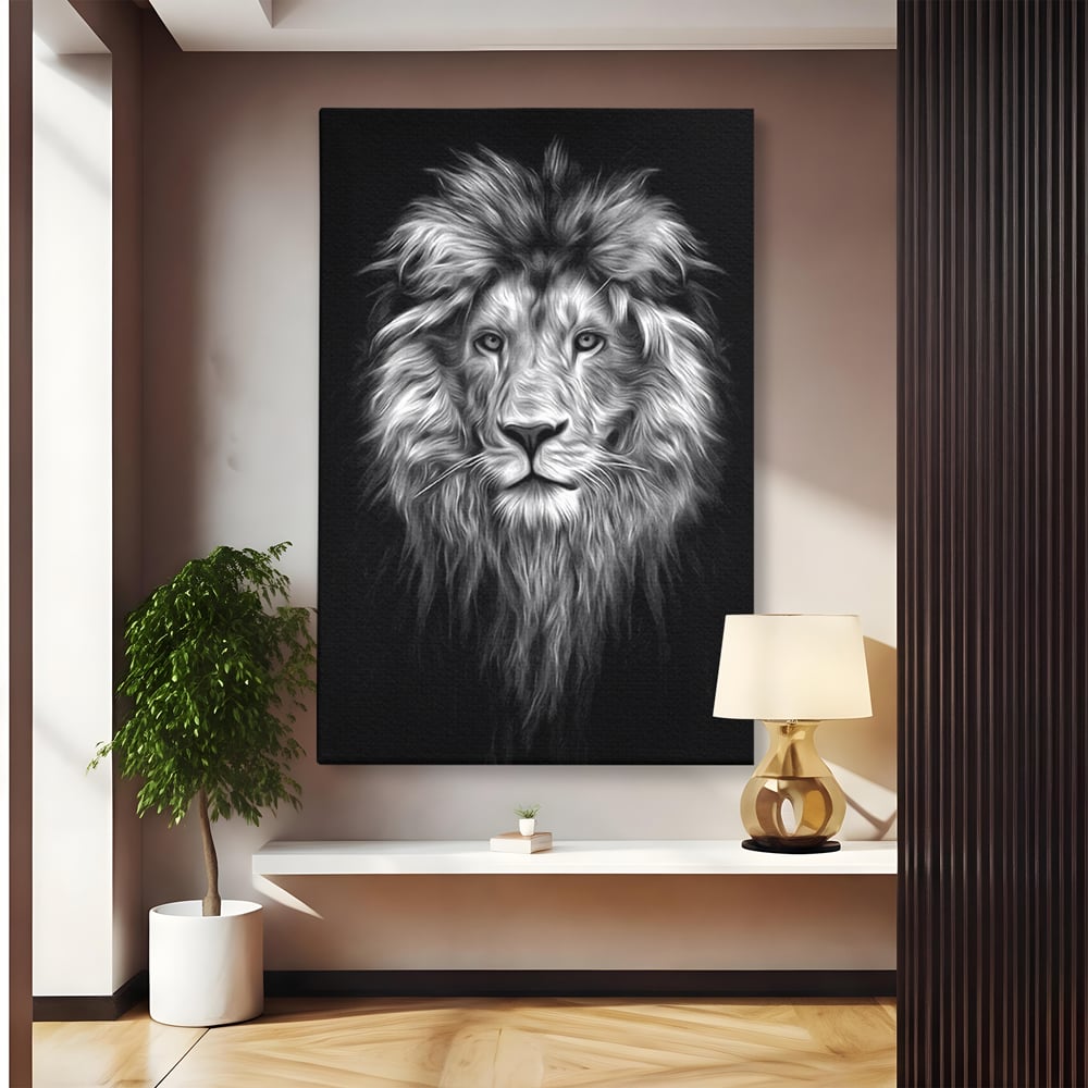 Tablou Canvas Premium, LuxCanva® M1382, Regele Intunericului, Leu, Animale, Salbatic, Portret, Chip, Monocrom, Alb si Negru, Mister, Abstract, Birou, Living, Camera Copil