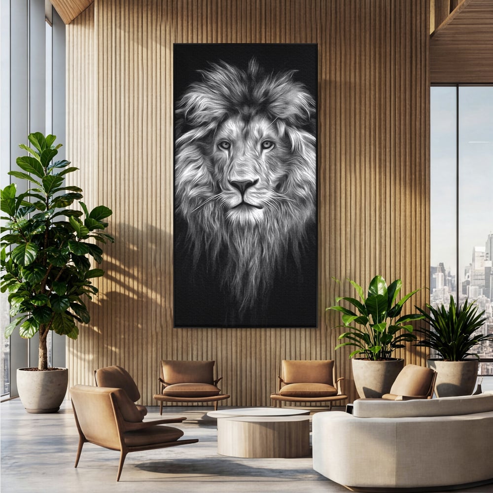 Tablou Canvas Premium, LuxCanva® M1382, Regele Intunericului, Leu, Animale, Salbatic, Portret, Chip, Monocrom, Alb si Negru, Mister, Abstract, Birou, Living, Camera Copil