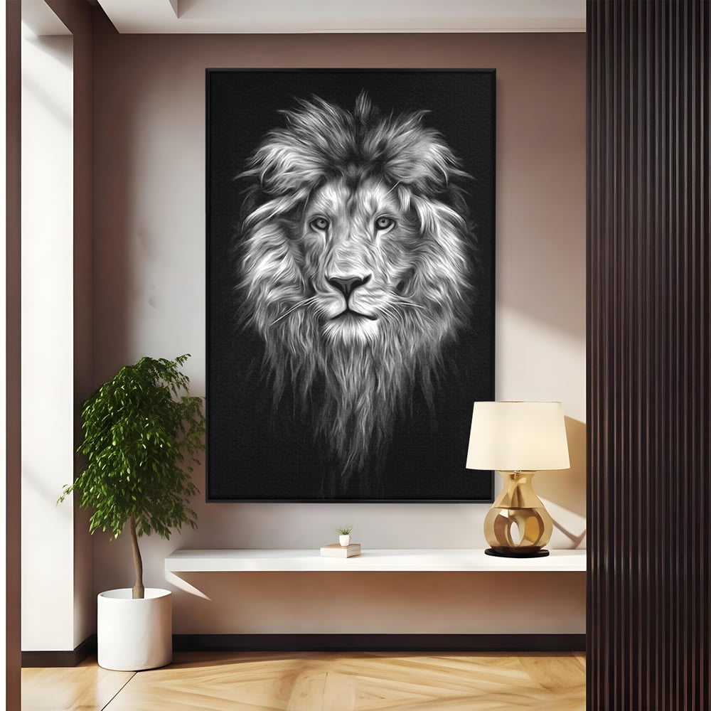 Tablou Canvas Premium, LuxCanva® M1382, Regele Intunericului, Leu, Animale, Salbatic, Portret, Chip, Monocrom, Alb si Negru, Mister, Abstract, Birou, Living, Camera Copil