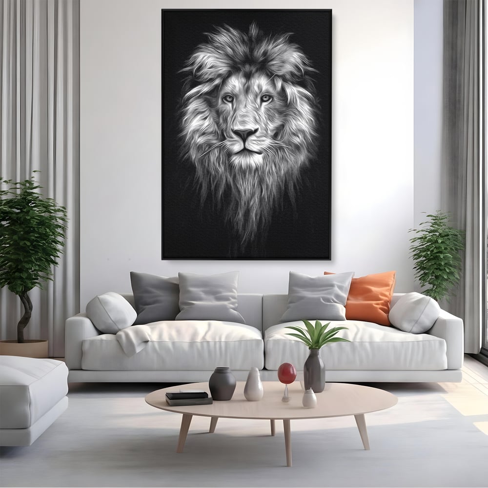 Tablou Canvas Premium, LuxCanva® M1382, Regele Intunericului, Leu, Animale, Salbatic, Portret, Chip, Monocrom, Alb si Negru, Mister, Abstract, Birou, Living, Camera Copil
