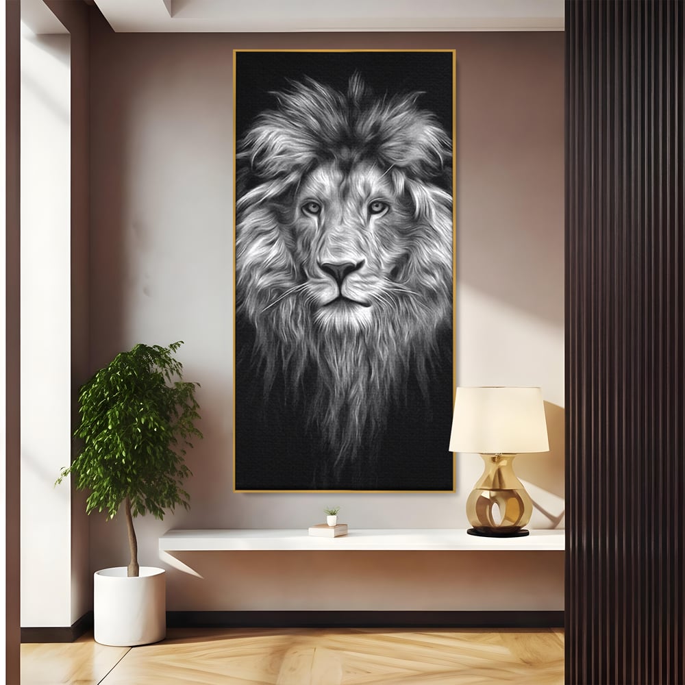 Tablou Canvas Premium, LuxCanva® M1382, Regele Intunericului, Leu, Animale, Salbatic, Portret, Chip, Monocrom, Alb si Negru, Mister, Abstract, Birou, Living, Camera Copil