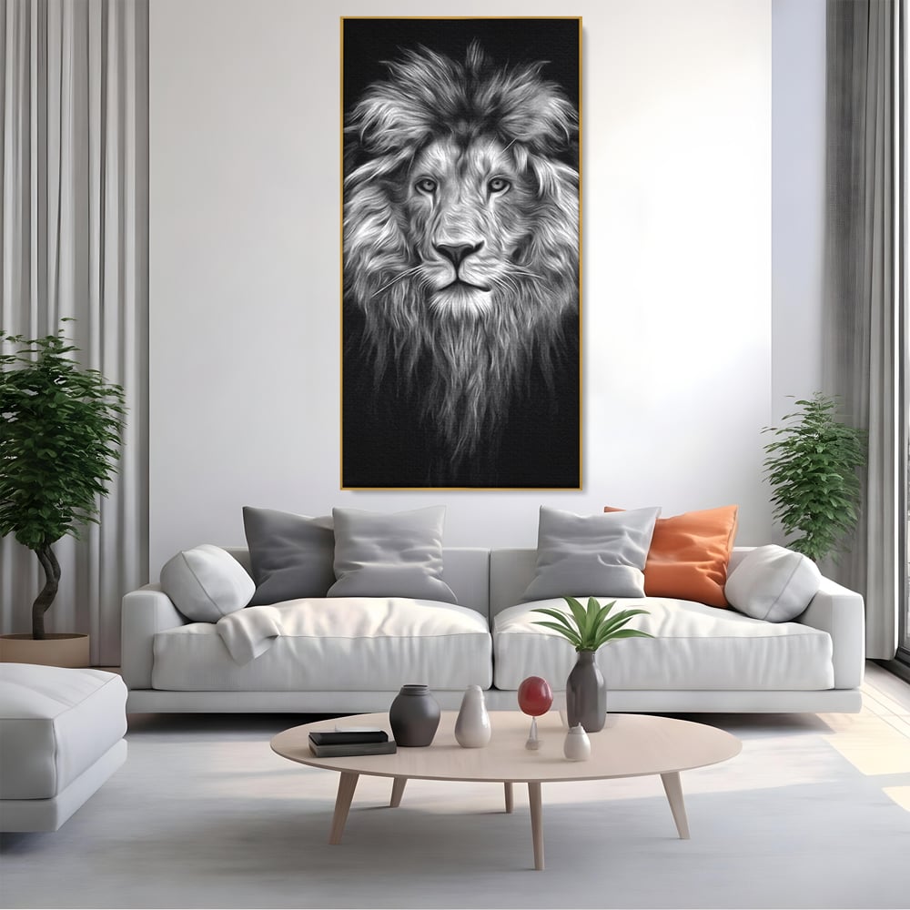 Tablou Canvas Premium, LuxCanva® M1382, Regele Intunericului, Leu, Animale, Salbatic, Portret, Chip, Monocrom, Alb si Negru, Mister, Abstract, Birou, Living, Camera Copil