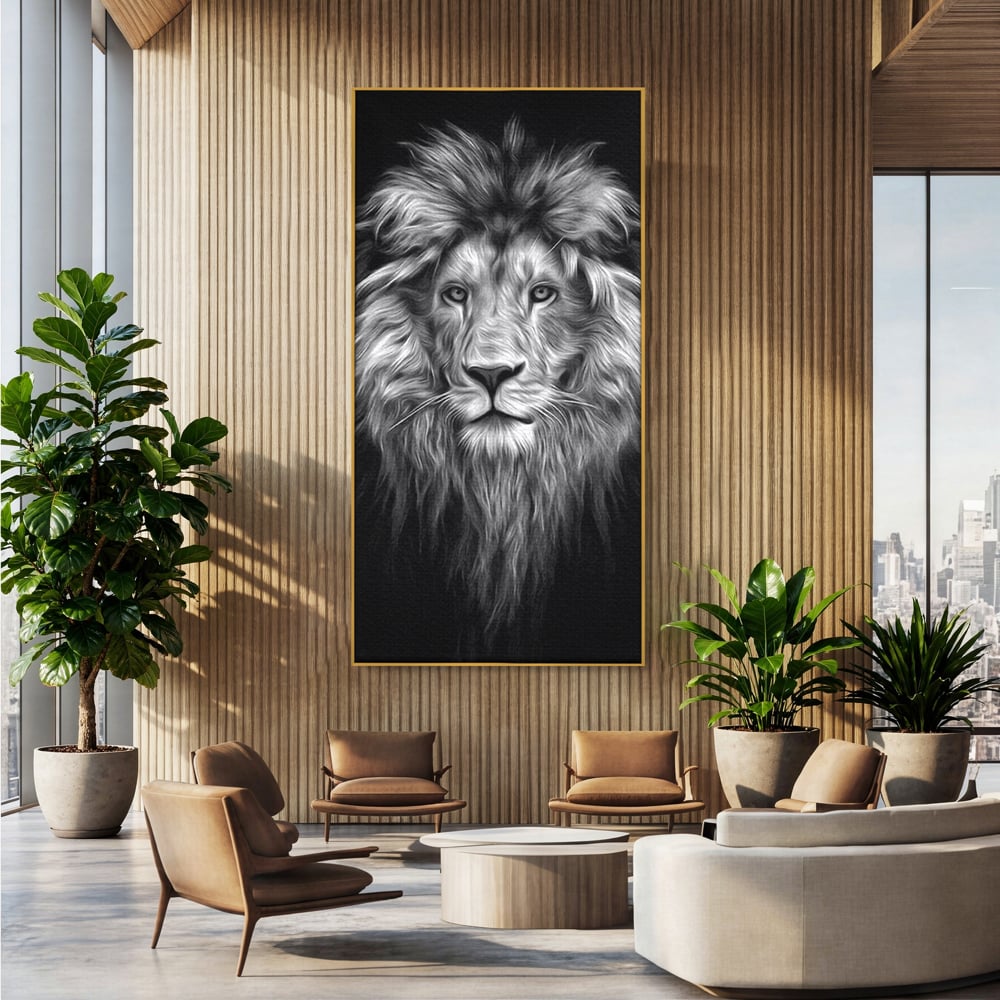Tablou Canvas Premium, LuxCanva® M1382, Regele Intunericului, Leu, Animale, Salbatic, Portret, Chip, Monocrom, Alb si Negru, Mister, Abstract, Birou, Living, Camera Copil
