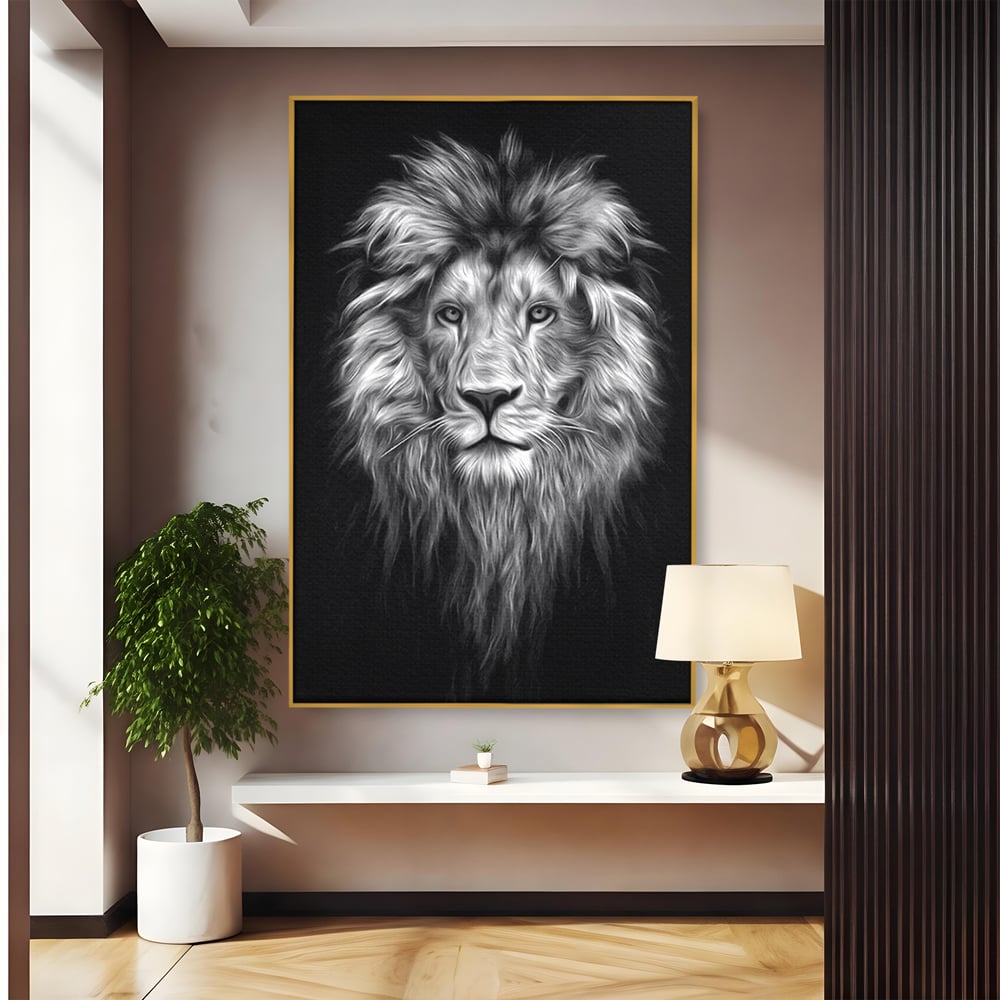 Tablou Canvas Premium, LuxCanva® M1382, Regele Intunericului, Leu, Animale, Salbatic, Portret, Chip, Monocrom, Alb si Negru, Mister, Abstract, Birou, Living, Camera Copil
