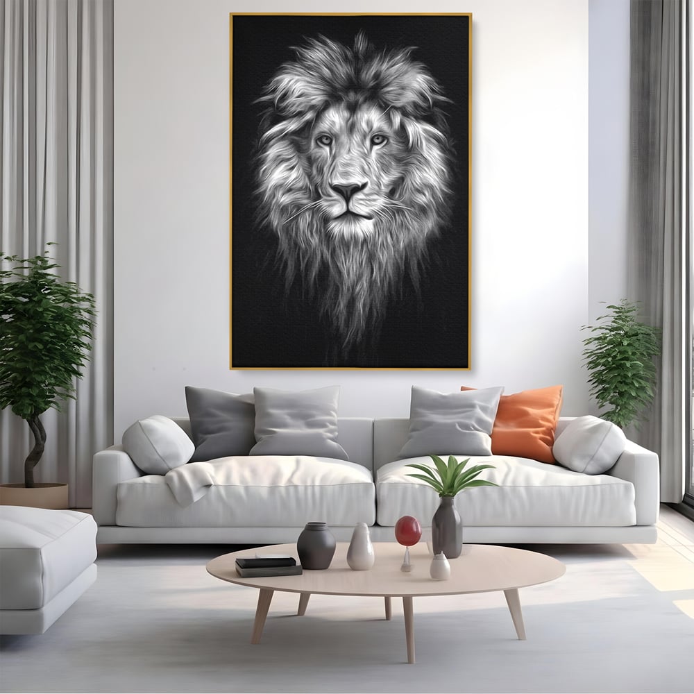 Tablou Canvas Premium, LuxCanva® M1382, Regele Intunericului, Leu, Animale, Salbatic, Portret, Chip, Monocrom, Alb si Negru, Mister, Abstract, Birou, Living, Camera Copil