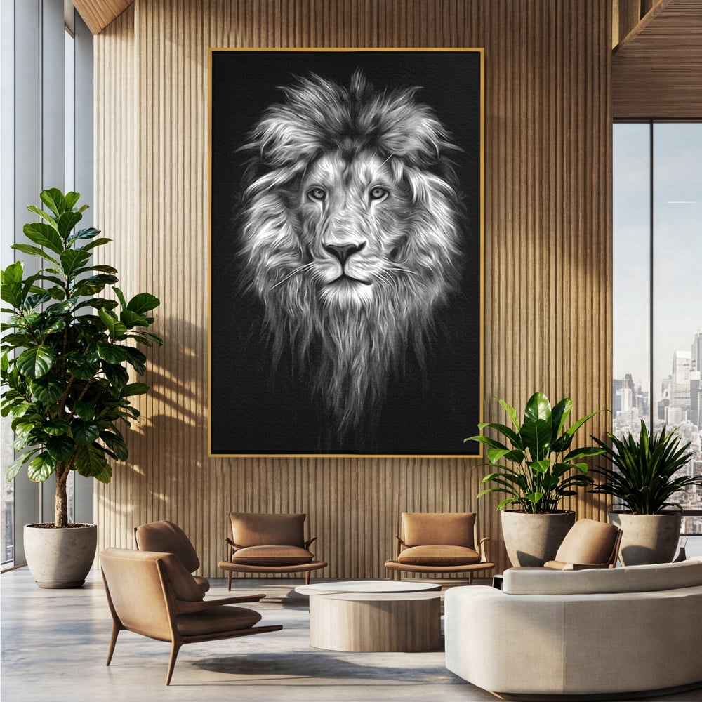 Tablou Canvas Premium, LuxCanva® M1382, Regele Intunericului, Leu, Animale, Salbatic, Portret, Chip, Monocrom, Alb si Negru, Mister, Abstract, Birou, Living, Camera Copil