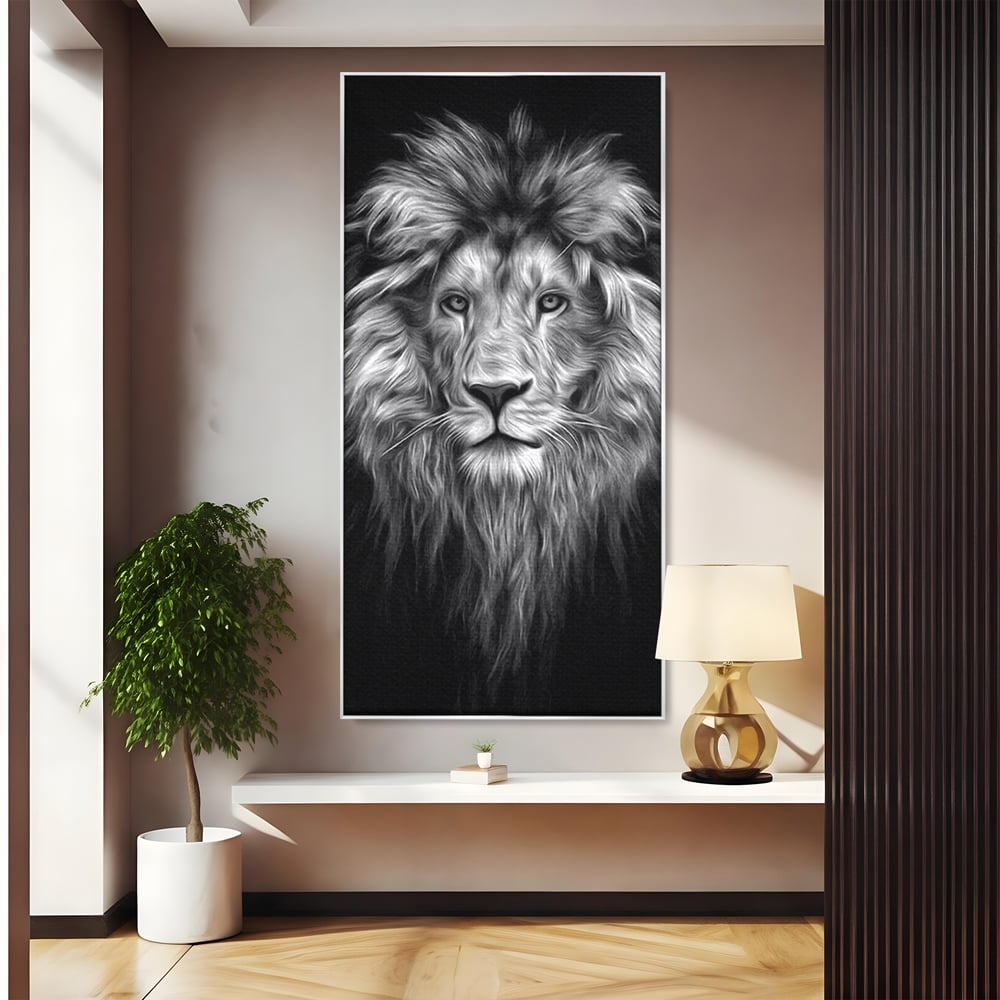 Tablou Canvas Premium, LuxCanva® M1382, Regele Intunericului, Leu, Animale, Salbatic, Portret, Chip, Monocrom, Alb si Negru, Mister, Abstract, Birou, Living, Camera Copil