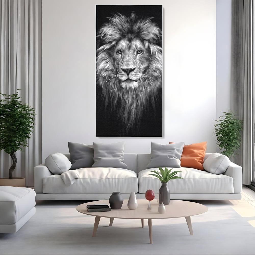 Tablou Canvas Premium, LuxCanva® M1382, Regele Intunericului, Leu, Animale, Salbatic, Portret, Chip, Monocrom, Alb si Negru, Mister, Abstract, Birou, Living, Camera Copil