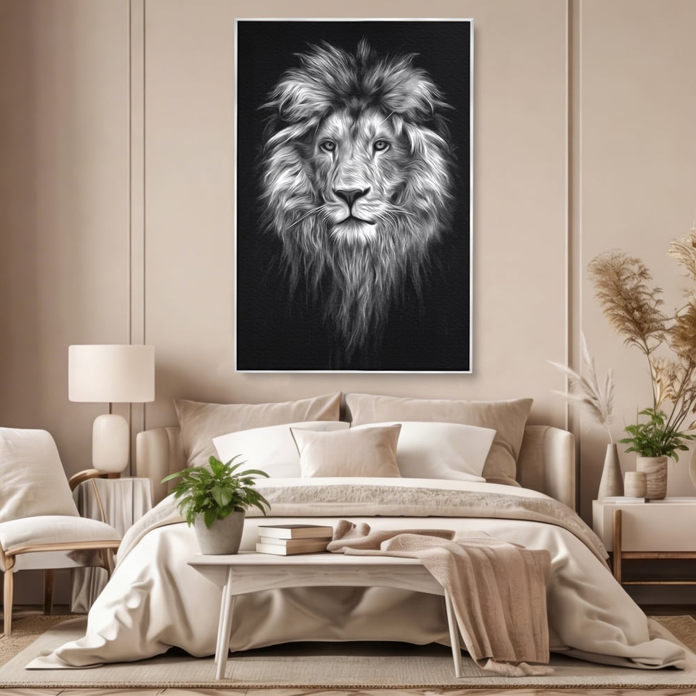 Tablou Canvas Premium, LuxCanva® M1382, Regele Intunericului, Leu, Animale, Salbatic, Portret, Chip, Monocrom, Alb si Negru, Mister, Abstract, Birou, Living, Camera Copil