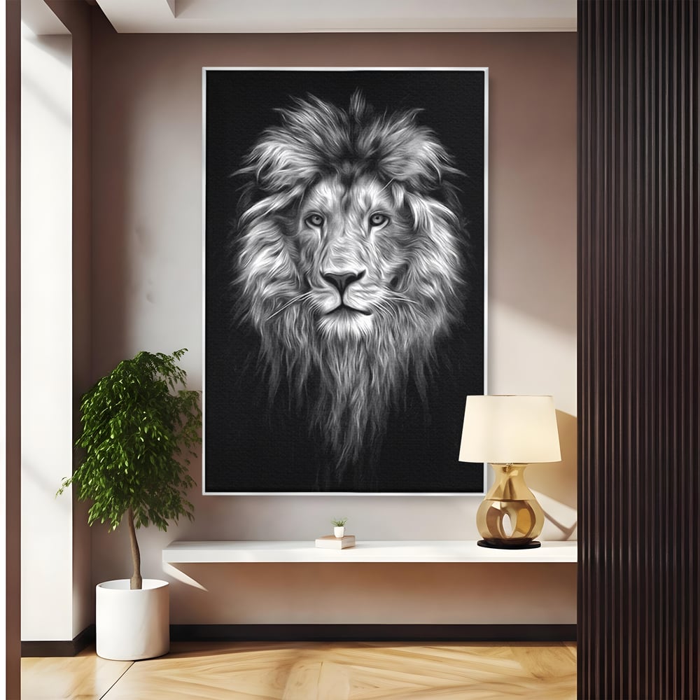 Tablou Canvas Premium, LuxCanva® M1382, Regele Intunericului, Leu, Animale, Salbatic, Portret, Chip, Monocrom, Alb si Negru, Mister, Abstract, Birou, Living, Camera Copil