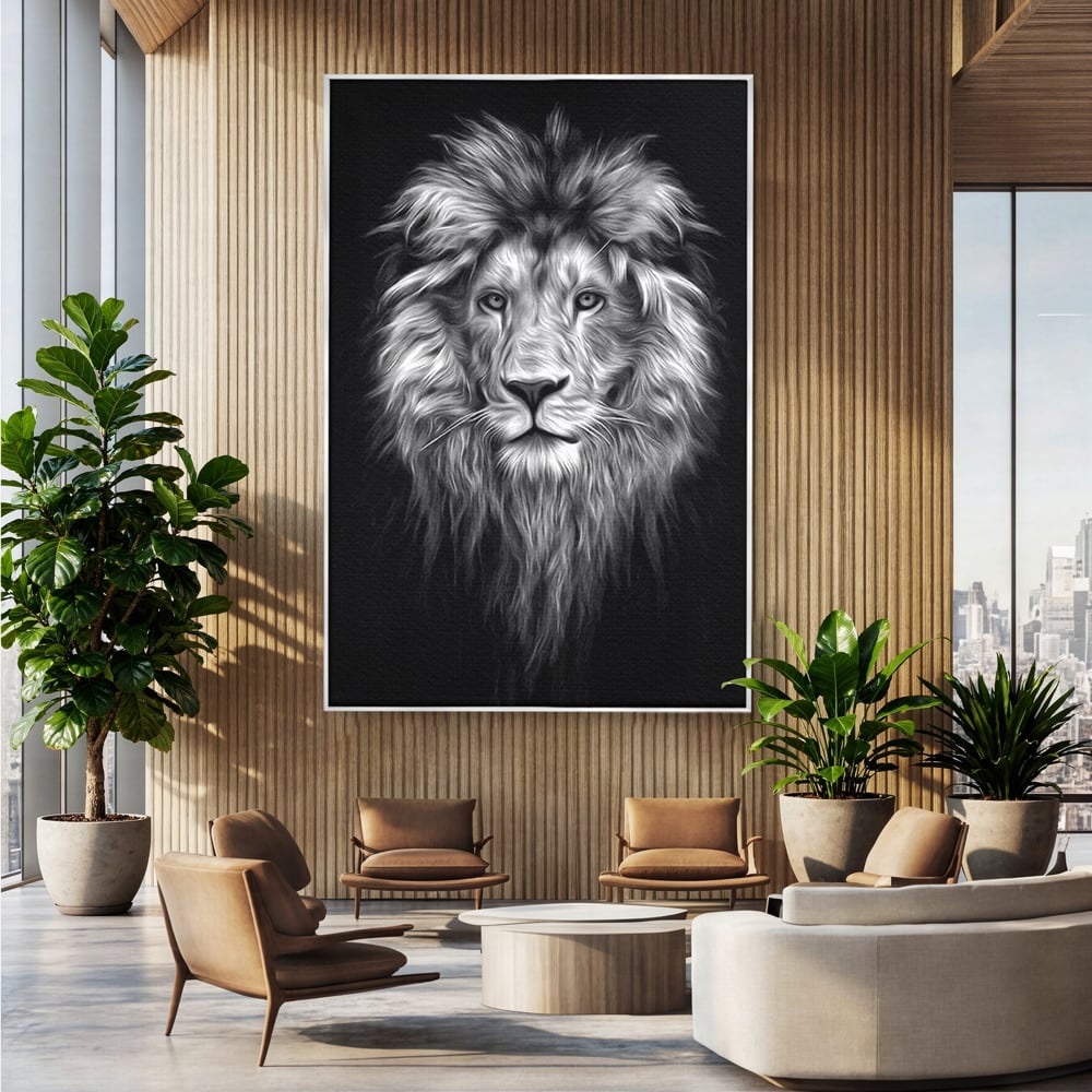 Tablou Canvas Premium, LuxCanva® M1382, Regele Intunericului, Leu, Animale, Salbatic, Portret, Chip, Monocrom, Alb si Negru, Mister, Abstract, Birou, Living, Camera Copil