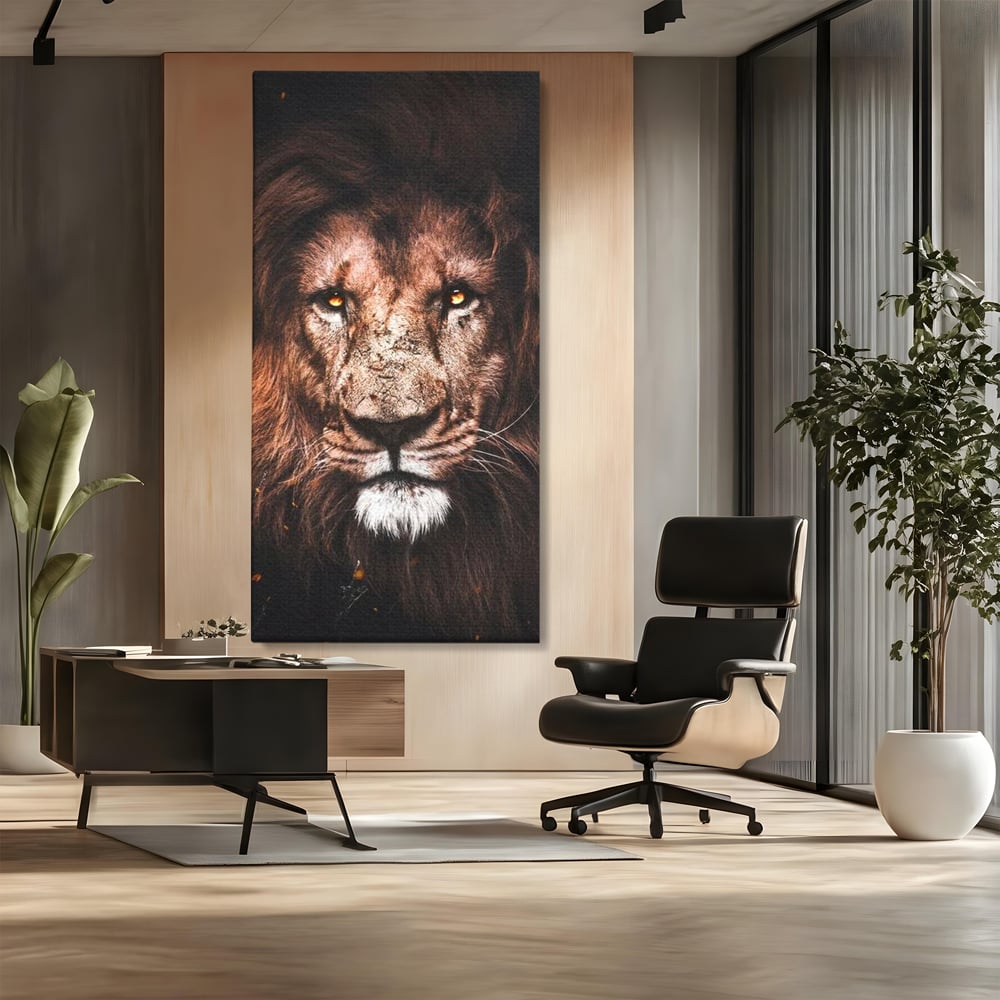 Leinwandbilder Premium, LuxCanva® M1383, Verborgene Absicht, Blick, Feuer, Dunkelheit, Geheimnis, Stärke, Flut, Ahnen, Wild, Tier, Löwe, König des Dschungels, Büro, Wohnen, Kinderzimmer