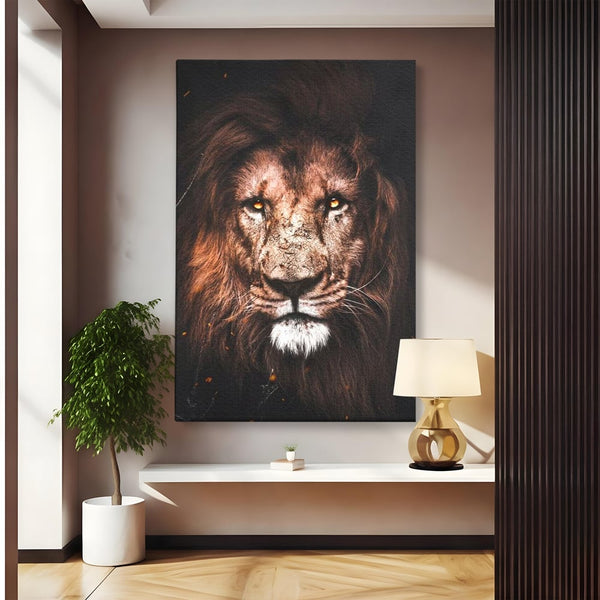 Leinwandbilder Premium, LuxCanva® M1383, Verborgene Absicht, Blick, Feuer, Dunkelheit, Geheimnis, Stärke, Flut, Ahnen, Wild, Tier, Löwe, König des Dschungels, Büro, Wohnen, Kinderzimmer