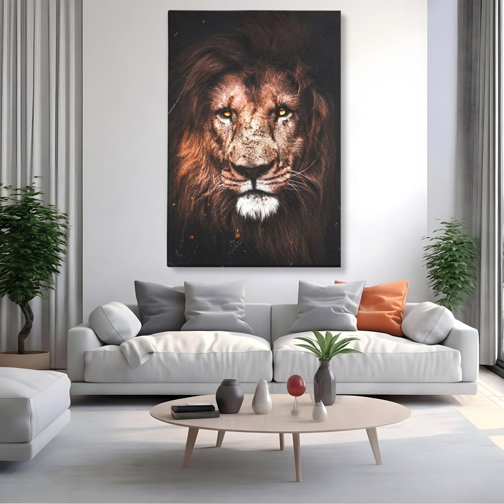 Leinwandbilder Premium, LuxCanva® M1383, Verborgene Absicht, Blick, Feuer, Dunkelheit, Geheimnis, Stärke, Flut, Ahnen, Wild, Tier, Löwe, König des Dschungels, Büro, Wohnen, Kinderzimmer