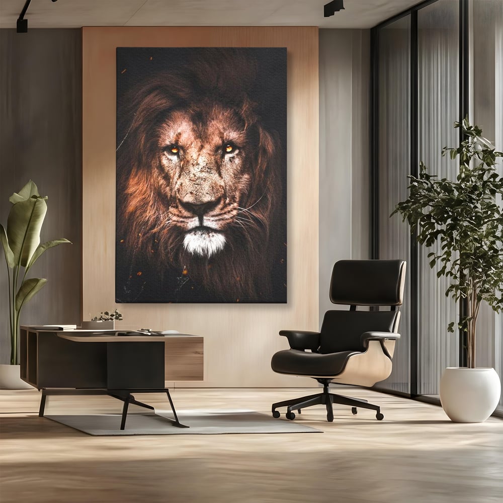 Leinwandbilder Premium, LuxCanva® M1383, Verborgene Absicht, Blick, Feuer, Dunkelheit, Geheimnis, Stärke, Flut, Ahnen, Wild, Tier, Löwe, König des Dschungels, Büro, Wohnen, Kinderzimmer