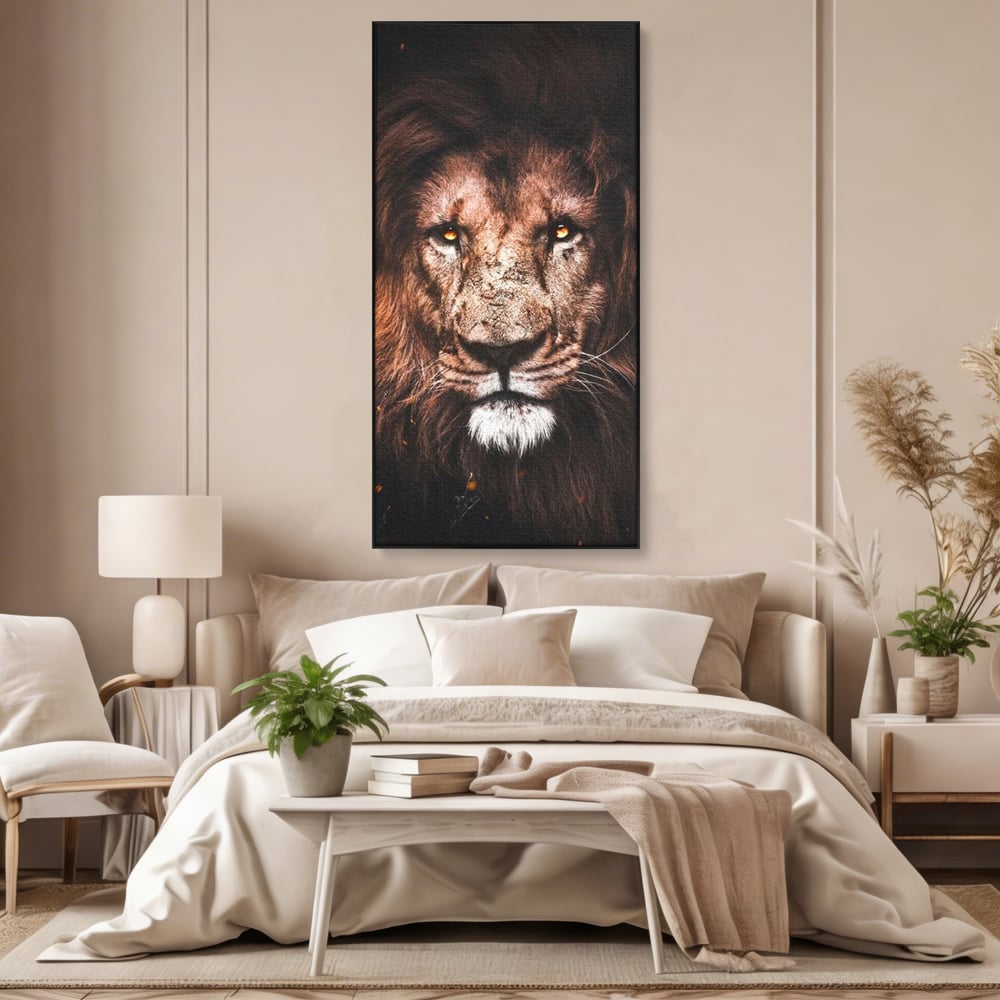 Leinwandbilder Premium, LuxCanva® M1383, Verborgene Absicht, Blick, Feuer, Dunkelheit, Geheimnis, Stärke, Flut, Ahnen, Wild, Tier, Löwe, König des Dschungels, Büro, Wohnen, Kinderzimmer