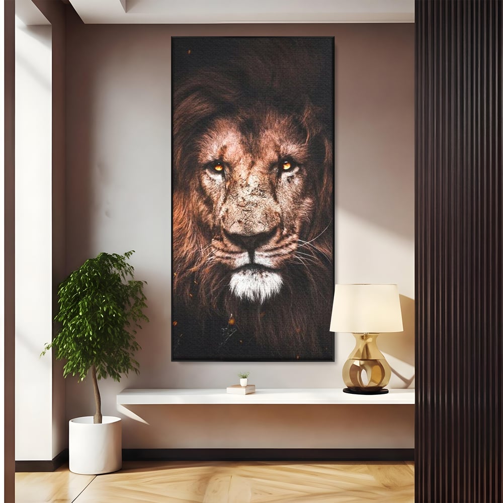 Leinwandbilder Premium, LuxCanva® M1383, Verborgene Absicht, Blick, Feuer, Dunkelheit, Geheimnis, Stärke, Flut, Ahnen, Wild, Tier, Löwe, König des Dschungels, Büro, Wohnen, Kinderzimmer