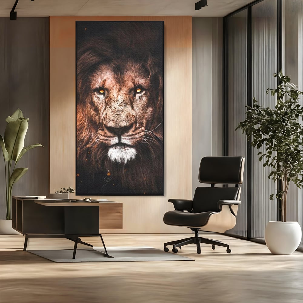 Leinwandbilder Premium, LuxCanva® M1383, Verborgene Absicht, Blick, Feuer, Dunkelheit, Geheimnis, Stärke, Flut, Ahnen, Wild, Tier, Löwe, König des Dschungels, Büro, Wohnen, Kinderzimmer