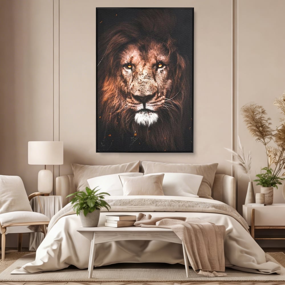 Leinwandbilder Premium, LuxCanva® M1383, Verborgene Absicht, Blick, Feuer, Dunkelheit, Geheimnis, Stärke, Flut, Ahnen, Wild, Tier, Löwe, König des Dschungels, Büro, Wohnen, Kinderzimmer
