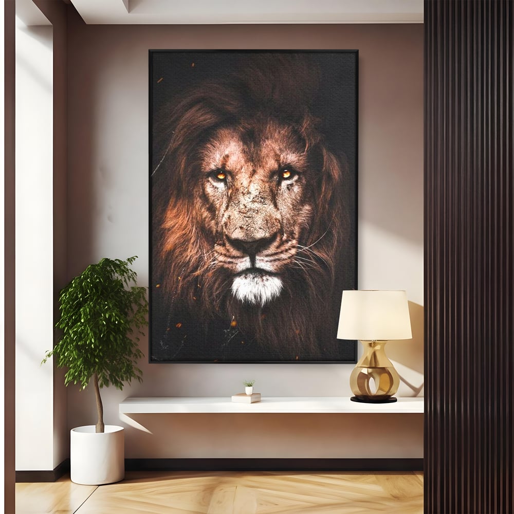 Leinwandbilder Premium, LuxCanva® M1383, Verborgene Absicht, Blick, Feuer, Dunkelheit, Geheimnis, Stärke, Flut, Ahnen, Wild, Tier, Löwe, König des Dschungels, Büro, Wohnen, Kinderzimmer