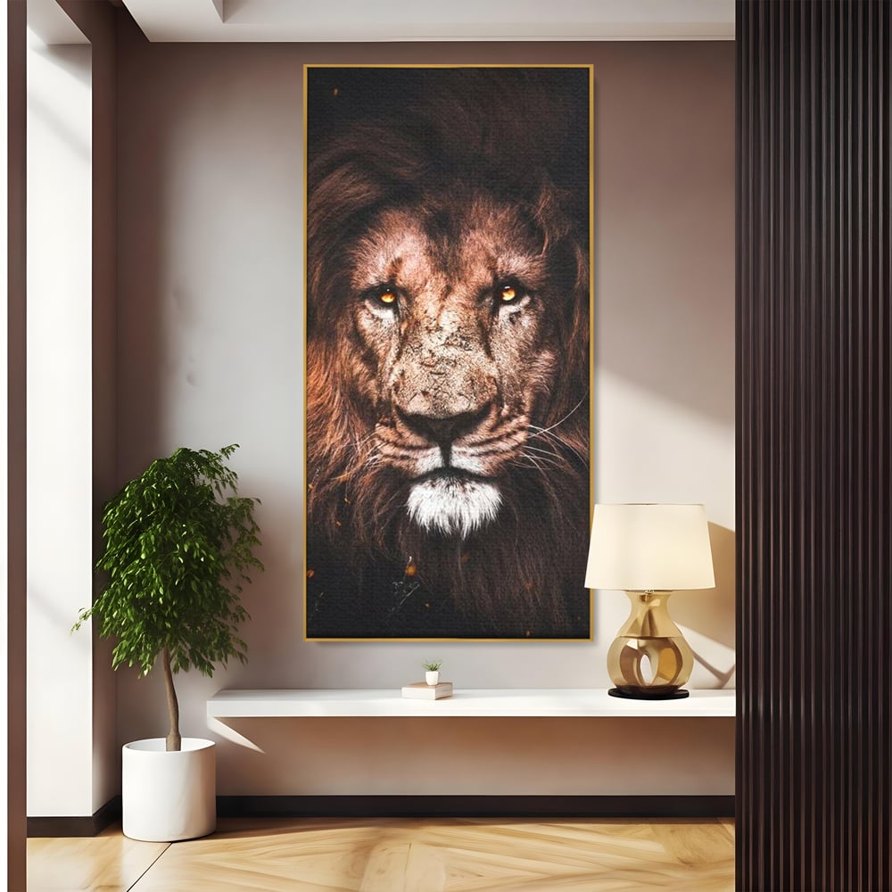 Leinwandbilder Premium, LuxCanva® M1383, Verborgene Absicht, Blick, Feuer, Dunkelheit, Geheimnis, Stärke, Flut, Ahnen, Wild, Tier, Löwe, König des Dschungels, Büro, Wohnen, Kinderzimmer