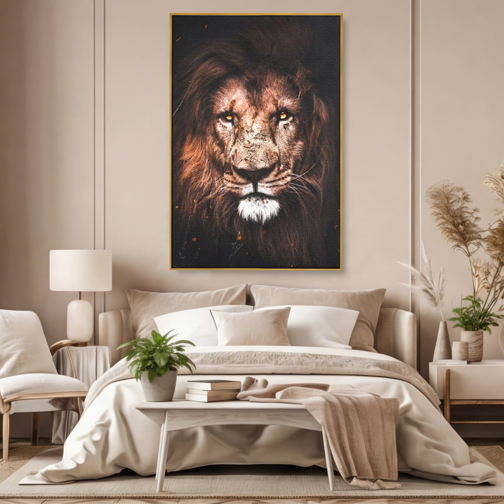 Leinwandbilder Premium, LuxCanva® M1383, Verborgene Absicht, Blick, Feuer, Dunkelheit, Geheimnis, Stärke, Flut, Ahnen, Wild, Tier, Löwe, König des Dschungels, Büro, Wohnen, Kinderzimmer