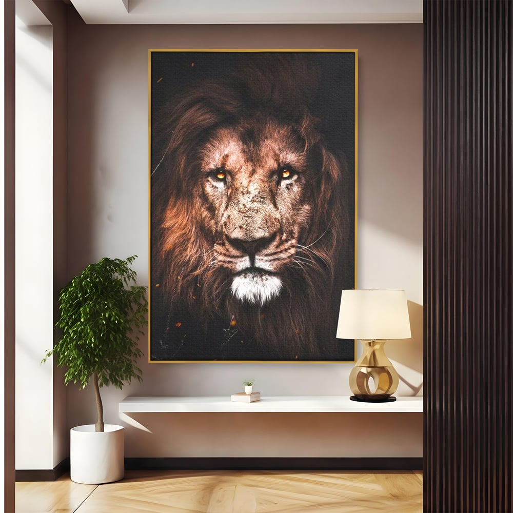 Leinwandbilder Premium, LuxCanva® M1383, Verborgene Absicht, Blick, Feuer, Dunkelheit, Geheimnis, Stärke, Flut, Ahnen, Wild, Tier, Löwe, König des Dschungels, Büro, Wohnen, Kinderzimmer