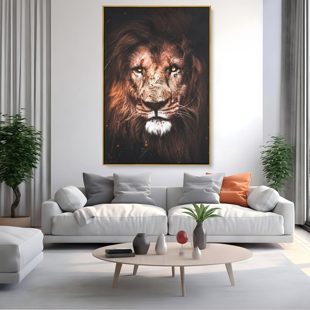 Leinwandbilder Premium, LuxCanva® M1383, Verborgene Absicht, Blick, Feuer, Dunkelheit, Geheimnis, Stärke, Flut, Ahnen, Wild, Tier, Löwe, König des Dschungels, Büro, Wohnen, Kinderzimmer