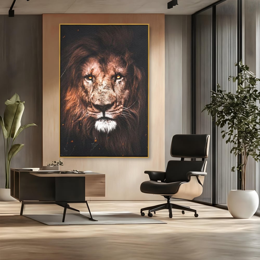 Leinwandbilder Premium, LuxCanva® M1383, Verborgene Absicht, Blick, Feuer, Dunkelheit, Geheimnis, Stärke, Flut, Ahnen, Wild, Tier, Löwe, König des Dschungels, Büro, Wohnen, Kinderzimmer