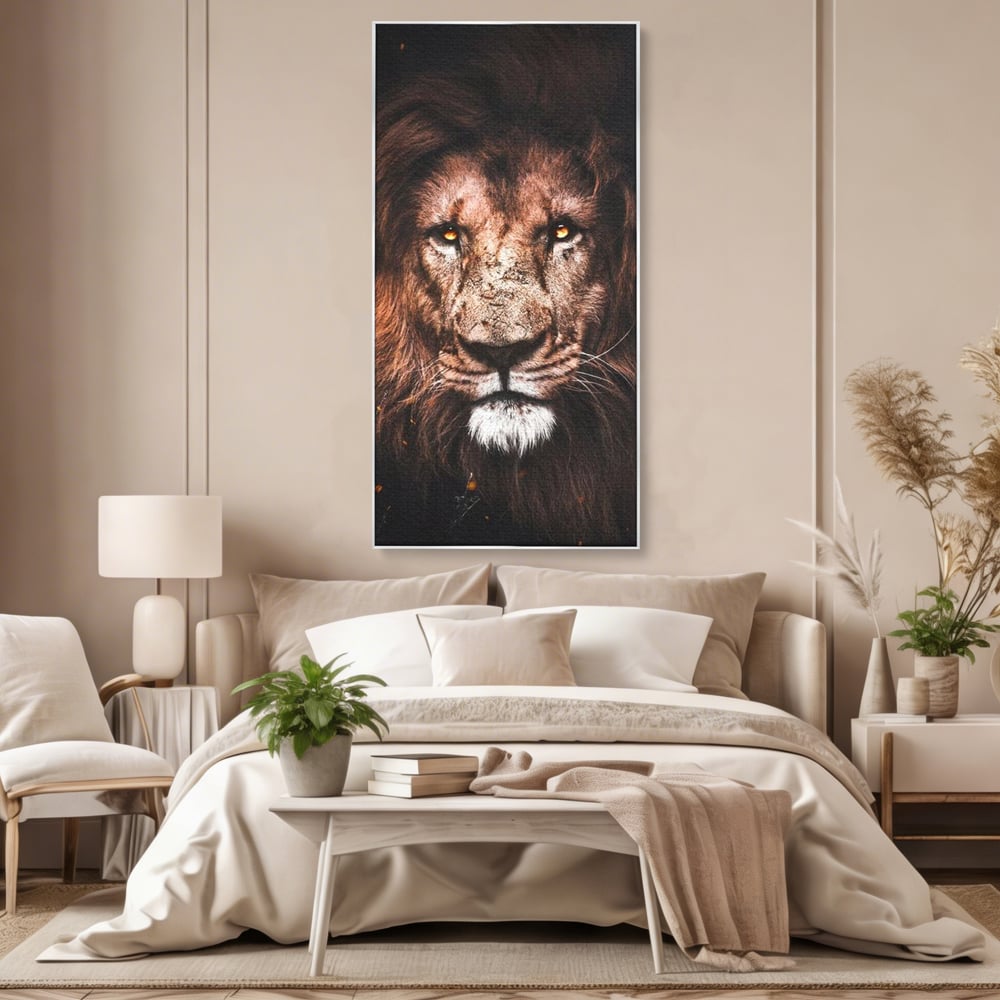 Leinwandbilder Premium, LuxCanva® M1383, Verborgene Absicht, Blick, Feuer, Dunkelheit, Geheimnis, Stärke, Flut, Ahnen, Wild, Tier, Löwe, König des Dschungels, Büro, Wohnen, Kinderzimmer