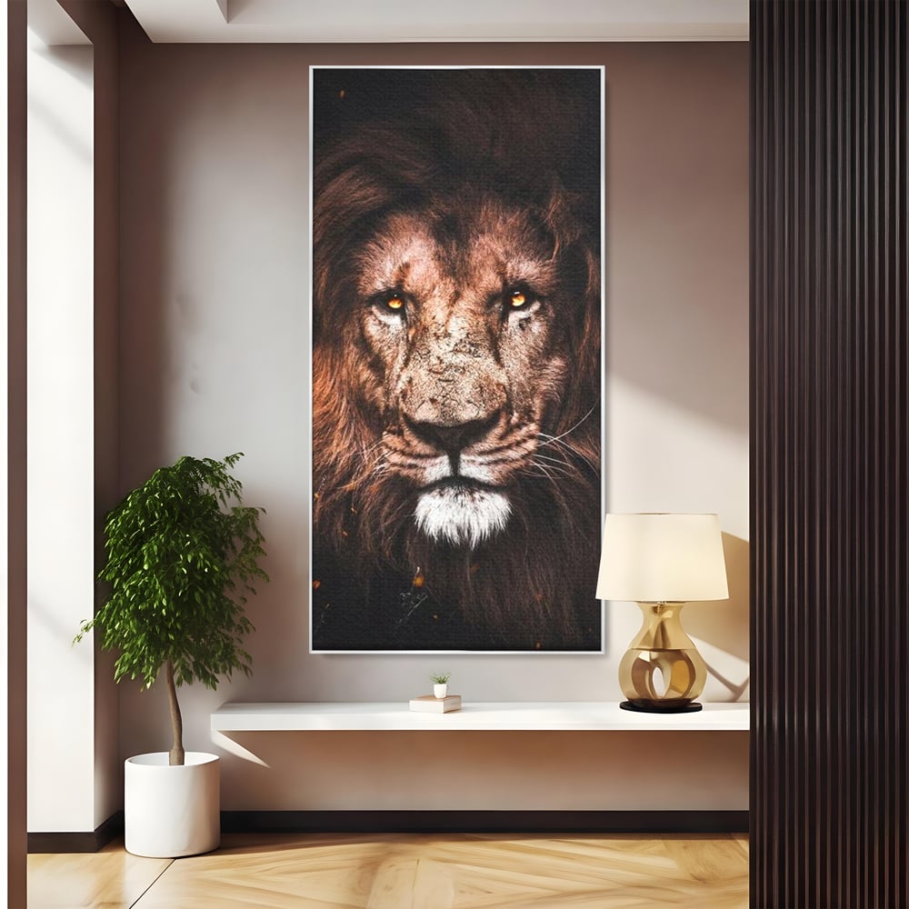 Leinwandbilder Premium, LuxCanva® M1383, Verborgene Absicht, Blick, Feuer, Dunkelheit, Geheimnis, Stärke, Flut, Ahnen, Wild, Tier, Löwe, König des Dschungels, Büro, Wohnen, Kinderzimmer