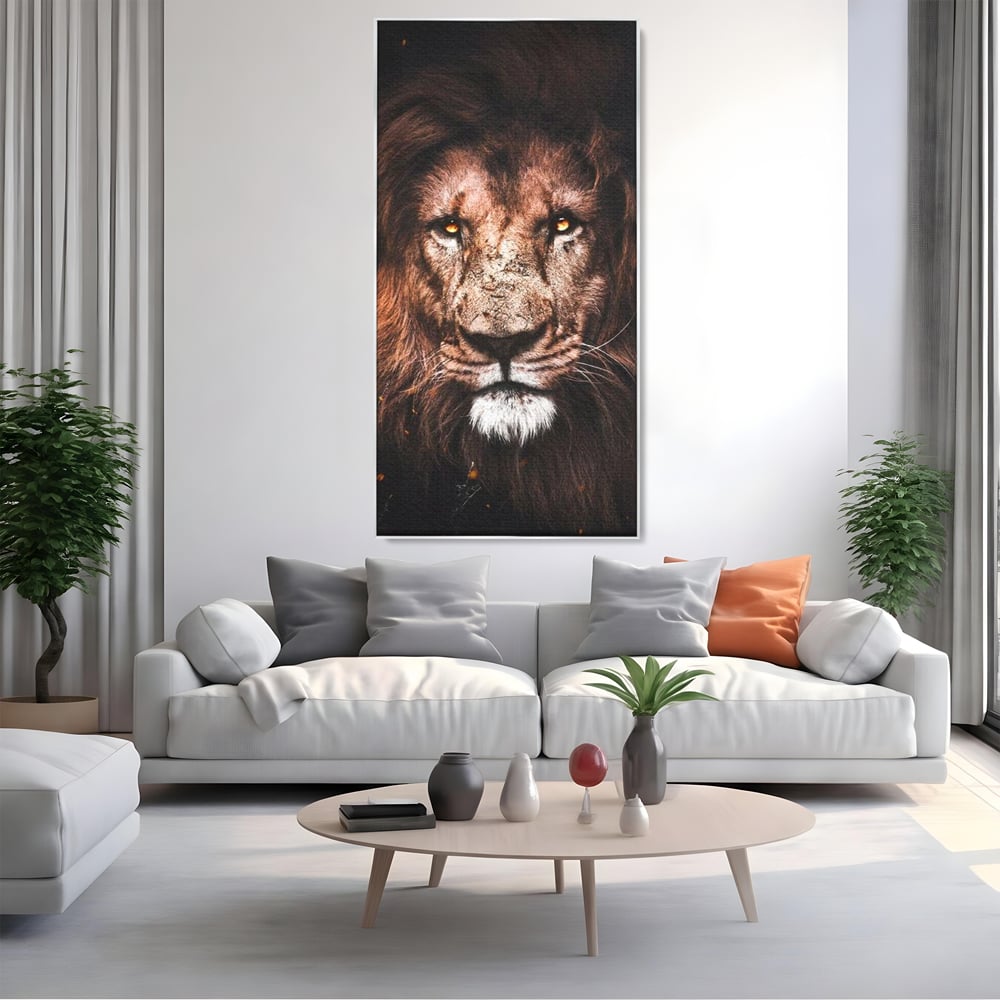 Leinwandbilder Premium, LuxCanva® M1383, Verborgene Absicht, Blick, Feuer, Dunkelheit, Geheimnis, Stärke, Flut, Ahnen, Wild, Tier, Löwe, König des Dschungels, Büro, Wohnen, Kinderzimmer