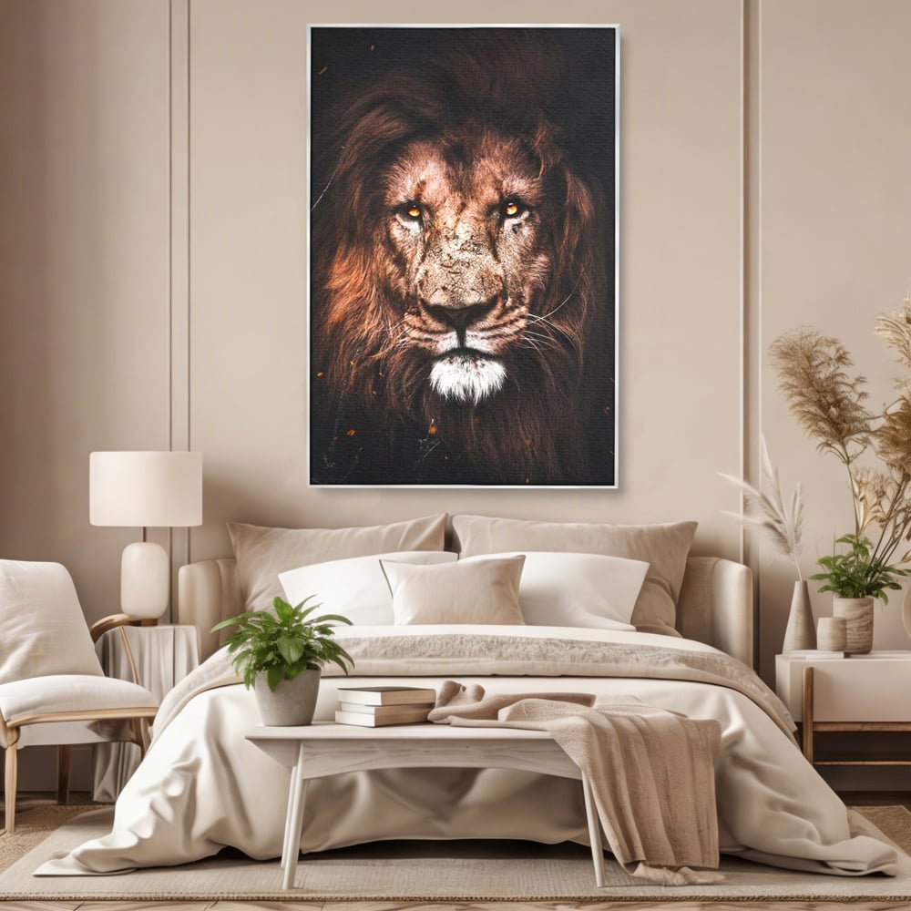 Leinwandbilder Premium, LuxCanva® M1383, Verborgene Absicht, Blick, Feuer, Dunkelheit, Geheimnis, Stärke, Flut, Ahnen, Wild, Tier, Löwe, König des Dschungels, Büro, Wohnen, Kinderzimmer