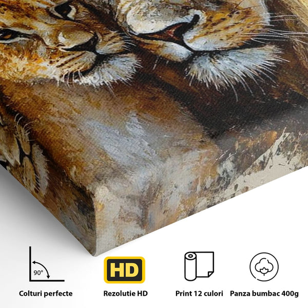 Leinwand Wandkunst Canvas Wall Art Premium, LuxCanva® M1384, Der Stolz des Königs, Familie, Bindung, Zuneigung, Vater, Huhn, Küken, Löwen, Tiere, König des Dschungels, Gold, Büro, Wohnzimmer, Kinderzimmer