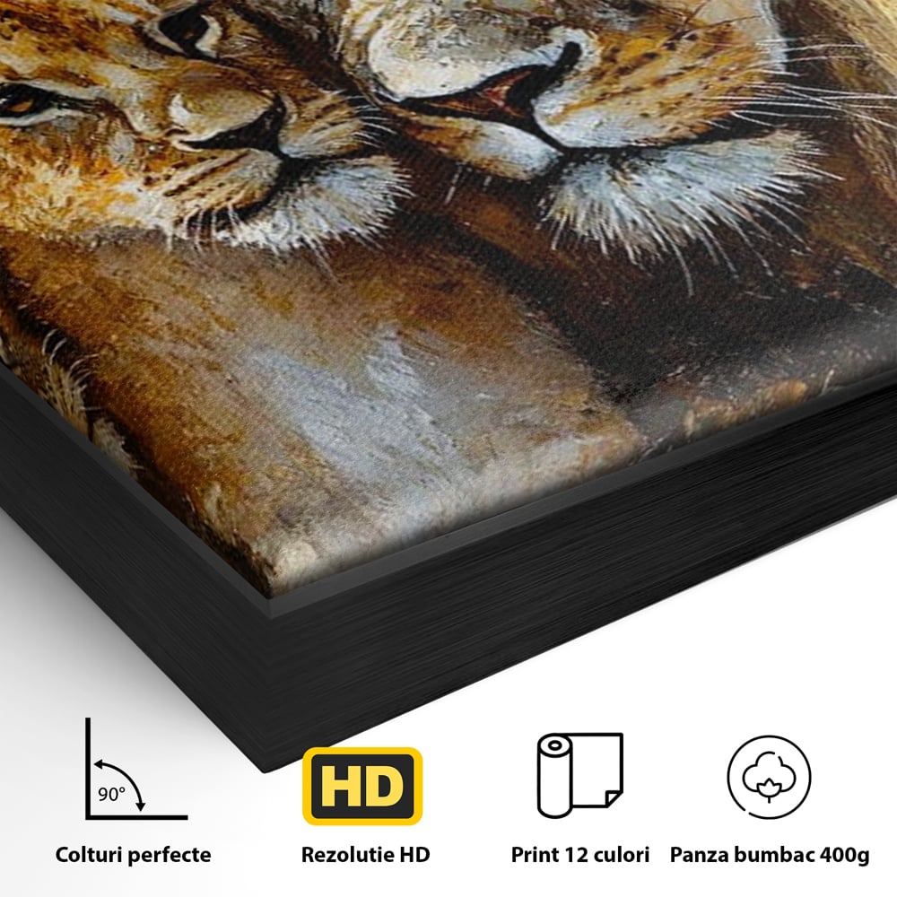 Leinwand Wandkunst Canvas Wall Art Premium, LuxCanva® M1384, Der Stolz des Königs, Familie, Bindung, Zuneigung, Vater, Huhn, Küken, Löwen, Tiere, König des Dschungels, Gold, Büro, Wohnzimmer, Kinderzimmer
