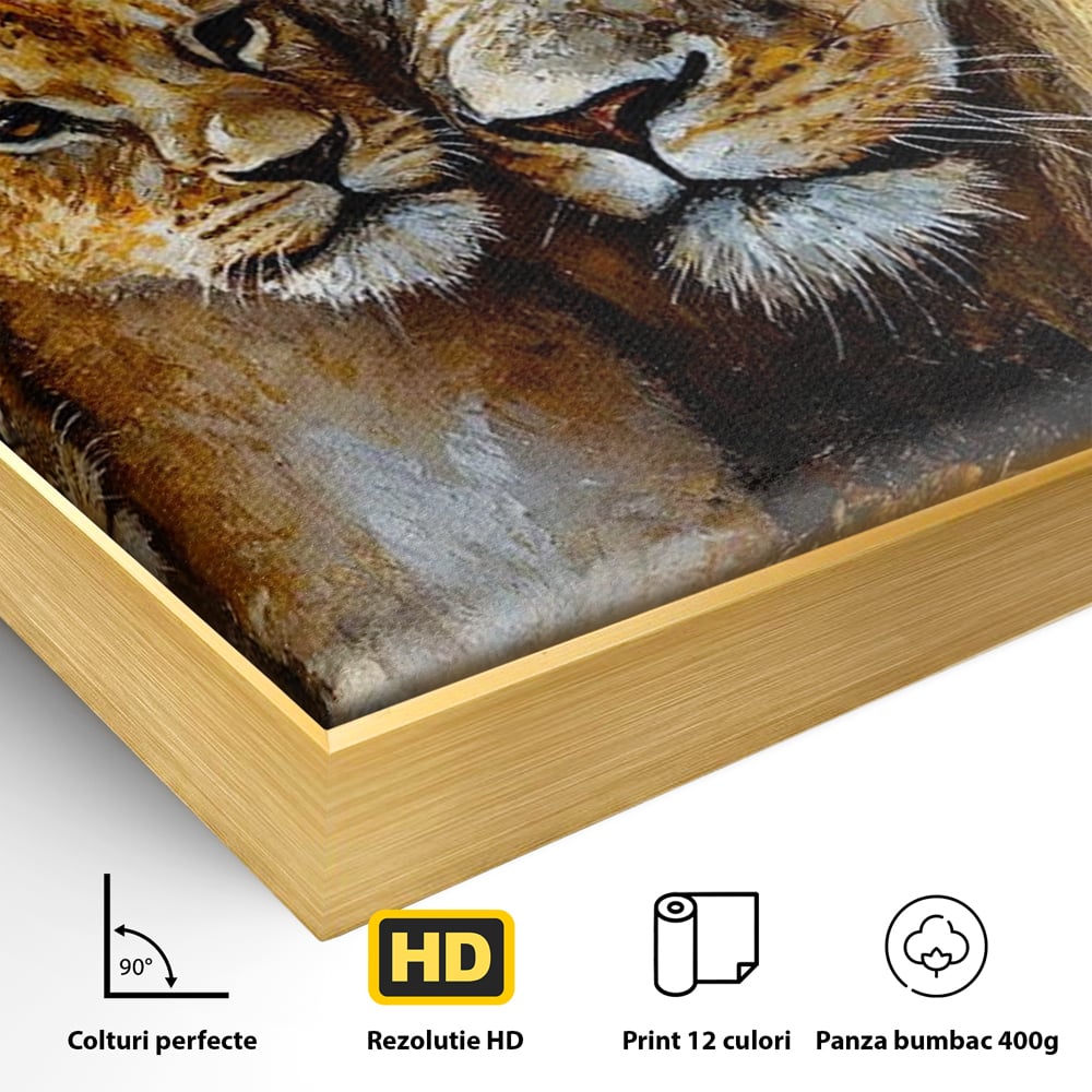 Leinwand Wandkunst Canvas Wall Art Premium, LuxCanva® M1384, Der Stolz des Königs, Familie, Bindung, Zuneigung, Vater, Huhn, Küken, Löwen, Tiere, König des Dschungels, Gold, Büro, Wohnzimmer, Kinderzimmer