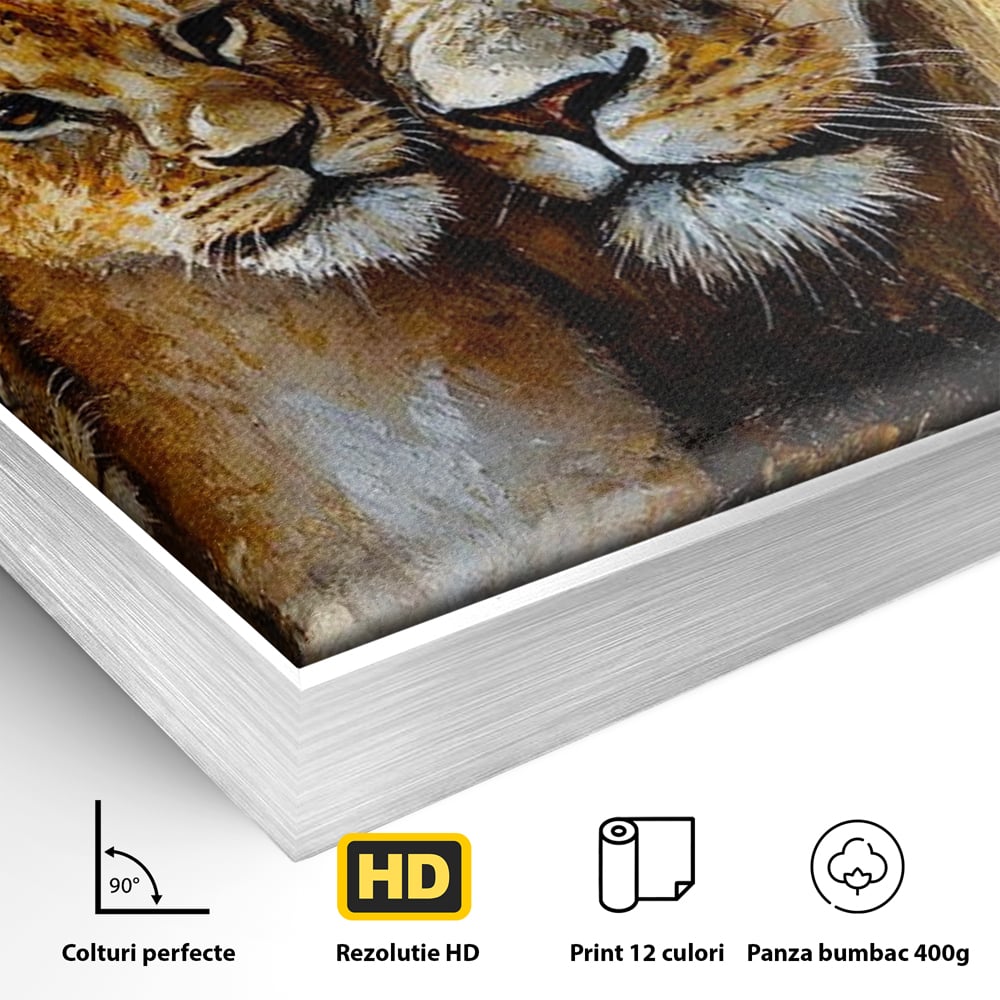Leinwand Wandkunst Canvas Wall Art Premium, LuxCanva® M1384, Der Stolz des Königs, Familie, Bindung, Zuneigung, Vater, Huhn, Küken, Löwen, Tiere, König des Dschungels, Gold, Büro, Wohnzimmer, Kinderzimmer