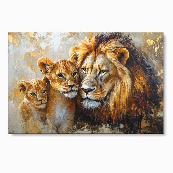 Leinwand Wandkunst Canvas Wall Art Premium, LuxCanva® M1384, Der Stolz des Königs, Familie, Bindung, Zuneigung, Vater, Huhn, Küken, Löwen, Tiere, König des Dschungels, Gold, Büro, Wohnzimmer, Kinderzimmer