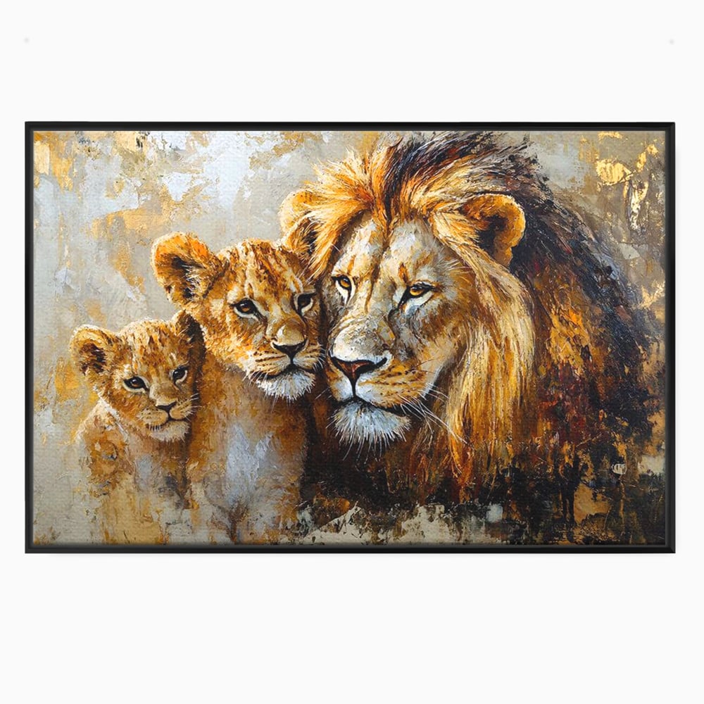 Leinwand Wandkunst Canvas Wall Art Premium, LuxCanva® M1384, Der Stolz des Königs, Familie, Bindung, Zuneigung, Vater, Huhn, Küken, Löwen, Tiere, König des Dschungels, Gold, Büro, Wohnzimmer, Kinderzimmer