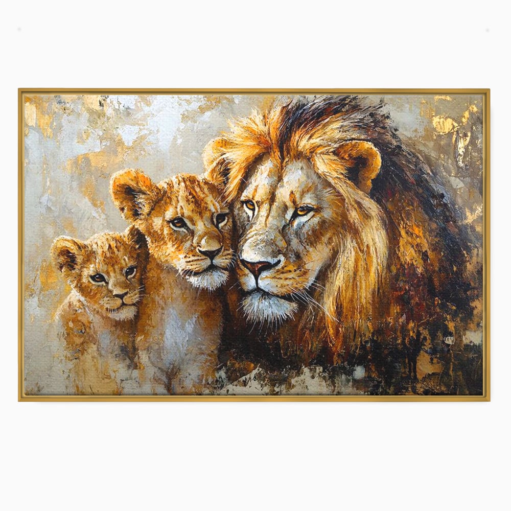 Leinwand Wandkunst Canvas Wall Art Premium, LuxCanva® M1384, Der Stolz des Königs, Familie, Bindung, Zuneigung, Vater, Huhn, Küken, Löwen, Tiere, König des Dschungels, Gold, Büro, Wohnzimmer, Kinderzimmer