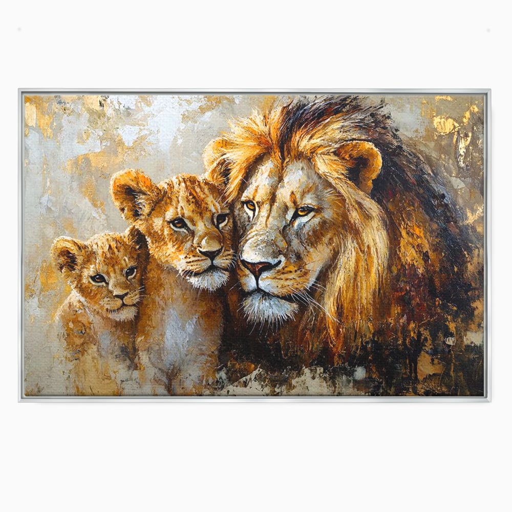Leinwand Wandkunst Canvas Wall Art Premium, LuxCanva® M1384, Der Stolz des Königs, Familie, Bindung, Zuneigung, Vater, Huhn, Küken, Löwen, Tiere, König des Dschungels, Gold, Büro, Wohnzimmer, Kinderzimmer