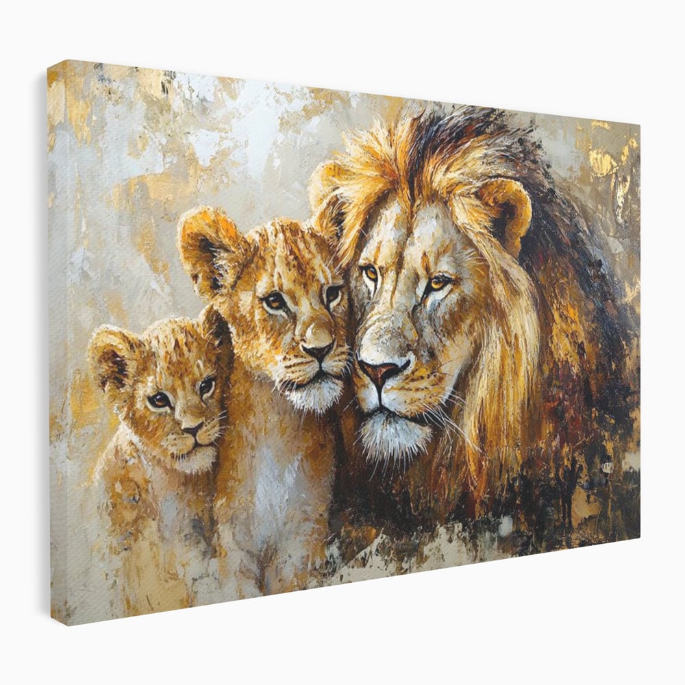 Leinwand Wandkunst Canvas Wall Art Premium, LuxCanva® M1384, Der Stolz des Königs, Familie, Bindung, Zuneigung, Vater, Huhn, Küken, Löwen, Tiere, König des Dschungels, Gold, Büro, Wohnzimmer, Kinderzimmer