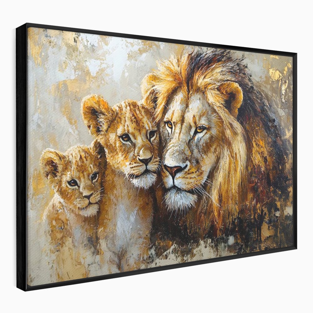 Leinwand Wandkunst Canvas Wall Art Premium, LuxCanva® M1384, Der Stolz des Königs, Familie, Bindung, Zuneigung, Vater, Huhn, Küken, Löwen, Tiere, König des Dschungels, Gold, Büro, Wohnzimmer, Kinderzimmer