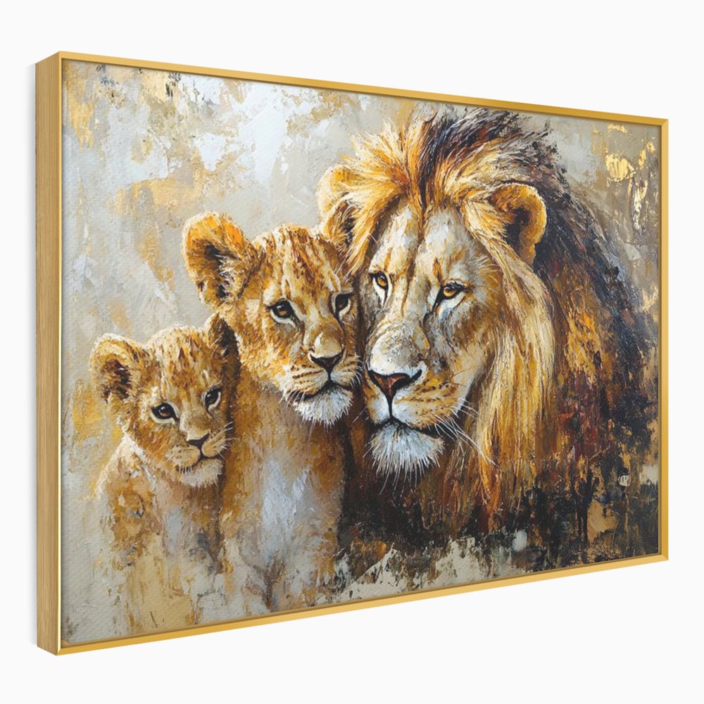 Leinwand Wandkunst Canvas Wall Art Premium, LuxCanva® M1384, Der Stolz des Königs, Familie, Bindung, Zuneigung, Vater, Huhn, Küken, Löwen, Tiere, König des Dschungels, Gold, Büro, Wohnzimmer, Kinderzimmer