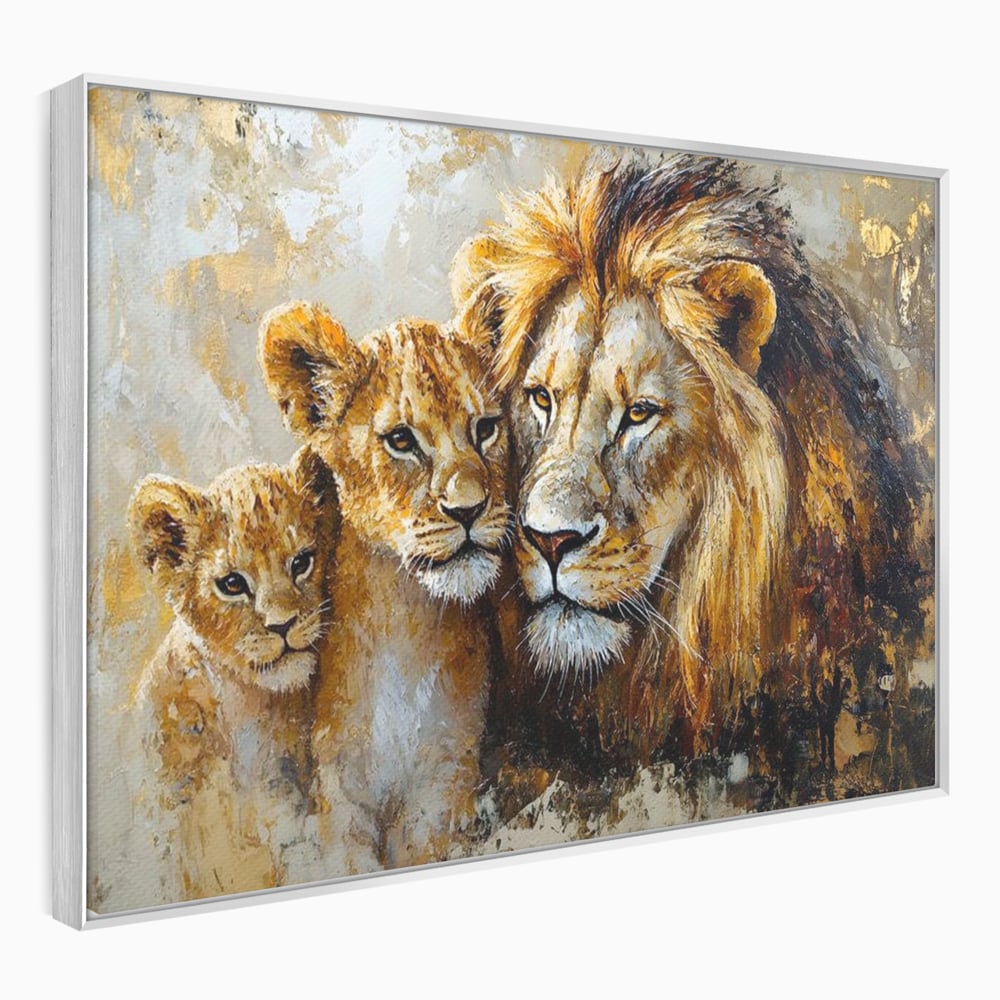 Leinwand Wandkunst Canvas Wall Art Premium, LuxCanva® M1384, Der Stolz des Königs, Familie, Bindung, Zuneigung, Vater, Huhn, Küken, Löwen, Tiere, König des Dschungels, Gold, Büro, Wohnzimmer, Kinderzimmer